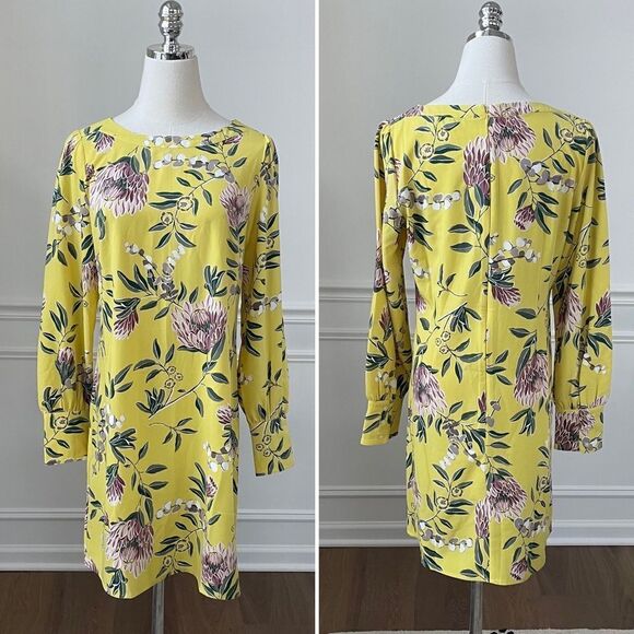 LOFT Yellow Floral Long Sleeve Shift Dress 4 - Picture 1 of 7